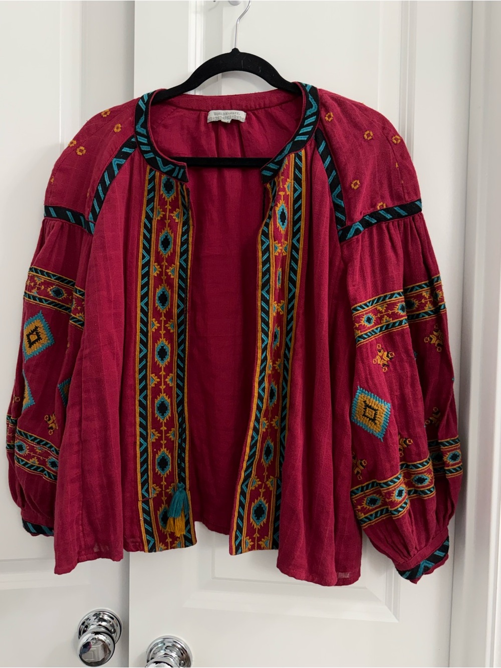World Market Embroidered Geometric BohoOpen Front Peasant Jacket Eclectic S/M